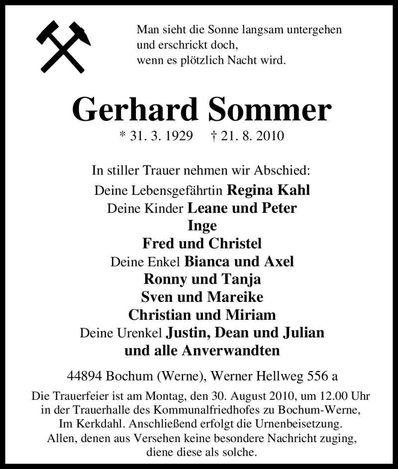  Traueranzeige für Gerhard Sommer vom 25.08.2010 aus Tageszeitung