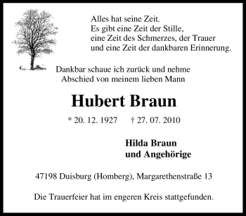 Traueranzeige von Hubert Braun von Tageszeitung