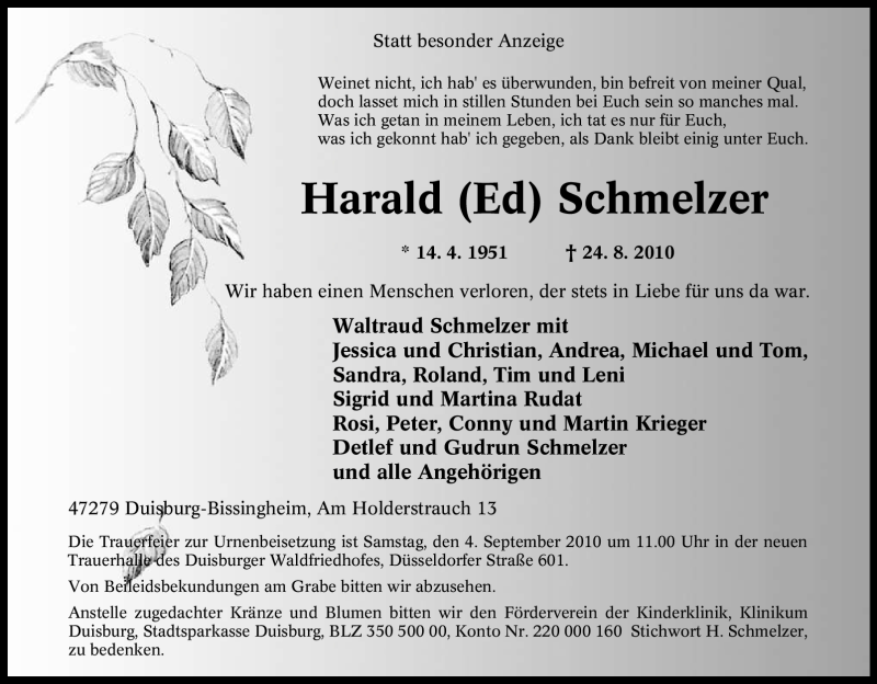  Traueranzeige für Harald Schmelzer vom 28.08.2010 aus Tageszeitung