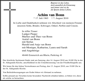 Traueranzeige von Achim van Bonn von Tageszeitung
