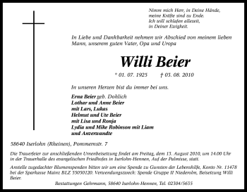 Traueranzeige von Willi Beier von Tageszeitung