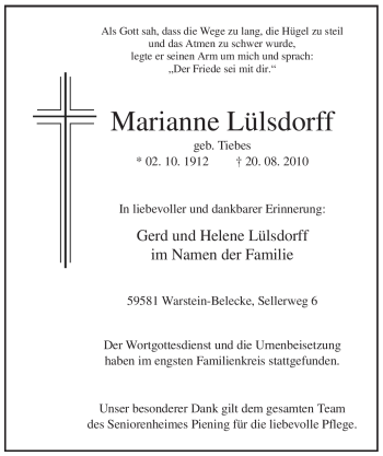 Traueranzeige von Marianne Lülsdorff von Tageszeitung