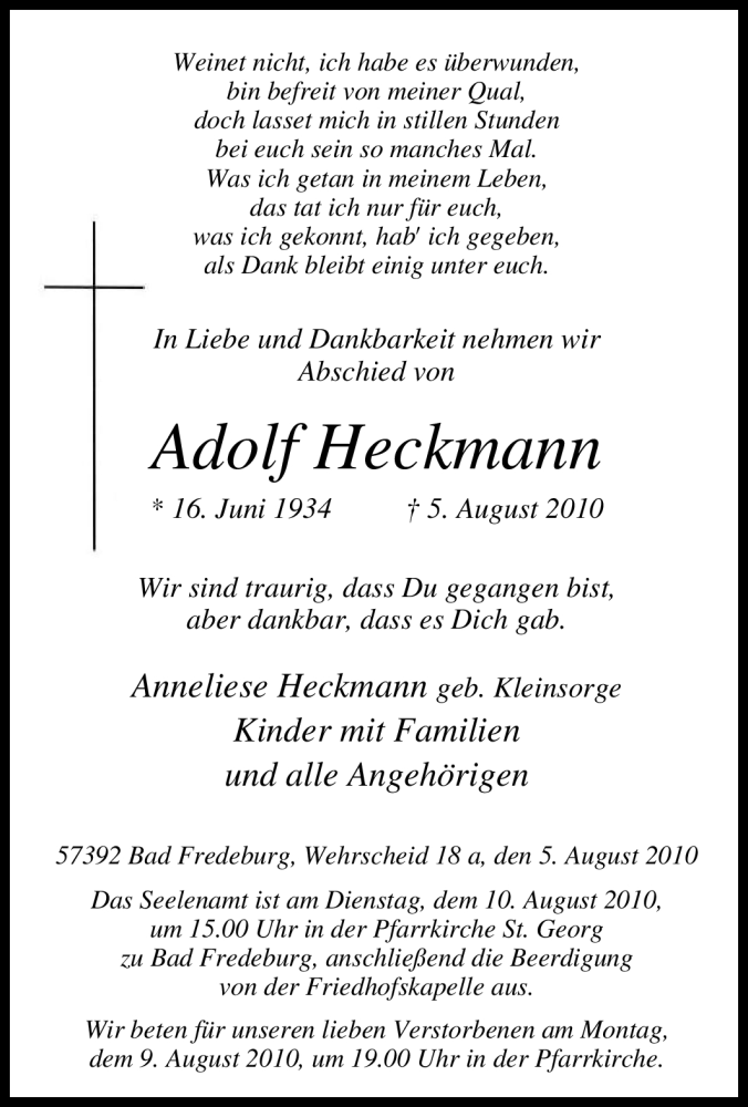  Traueranzeige für Adolf Heckmann vom 06.08.2010 aus Tageszeitung
