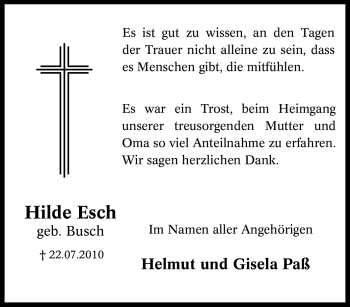 Traueranzeige von Hilde Esch von Tageszeitung