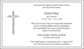 Traueranzeige von Emilie Pekar von Tageszeitung