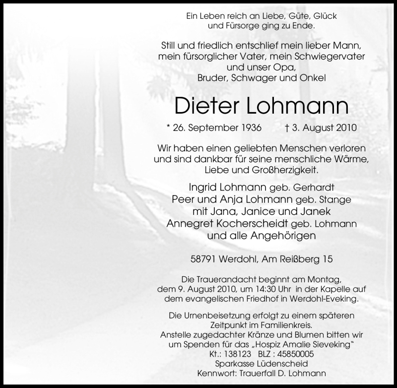  Traueranzeige für Dieter Lohmann vom 06.08.2010 aus Tageszeitung