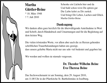 Traueranzeige von Martha Gürtler-Beine von Tageszeitung