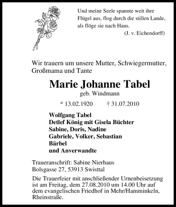 Traueranzeige von Marie Johanne Tabel von Tageszeitung