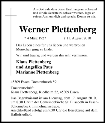 Traueranzeige von Werner Plettenberg von Tageszeitung