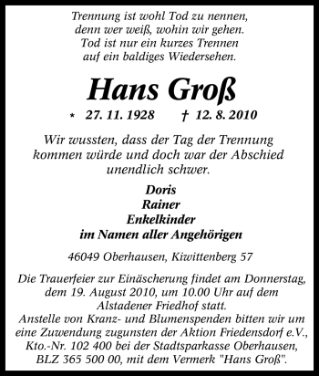 Traueranzeige von Hans Groß von Tageszeitung
