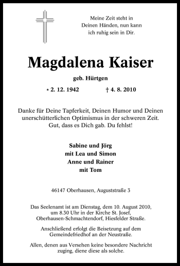 Traueranzeige von Magdalena Kaiser von Tageszeitung