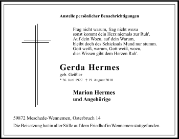 Traueranzeige von Gerda Hermes von Tageszeitung