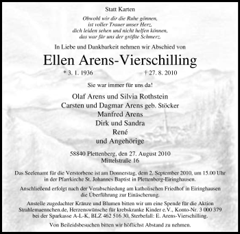 Traueranzeige von Ellen Arens-Vierschilling von Tageszeitung