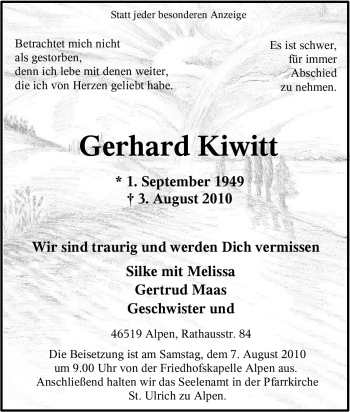 Traueranzeige von Gerhard Kiwitt von Tageszeitung