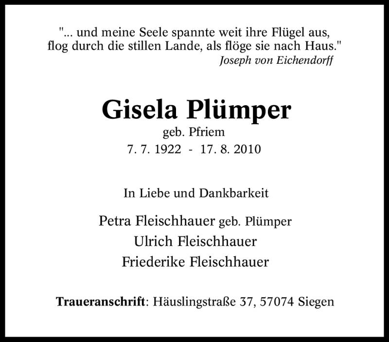  Traueranzeige für Gisela Pümper vom 21.08.2010 aus Tageszeitung
