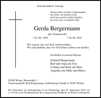Traueranzeige von Gerda Bergermann von Tageszeitung
