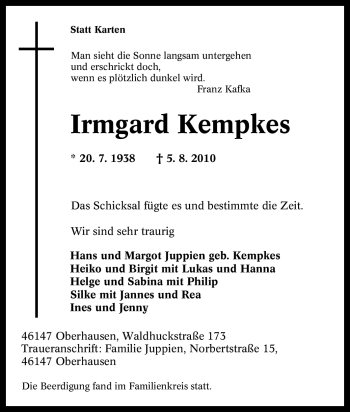 Traueranzeige von Irmgard Kempkes von Tageszeitung