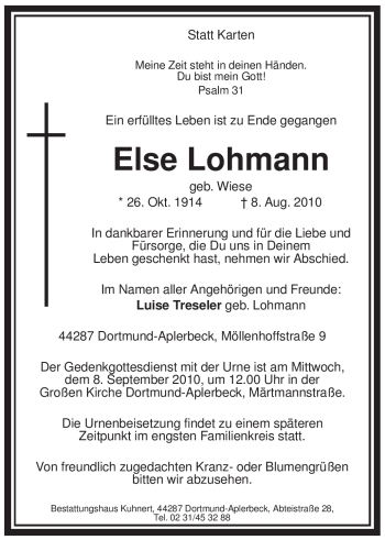 Traueranzeige von Else Lohmann von Tageszeitung