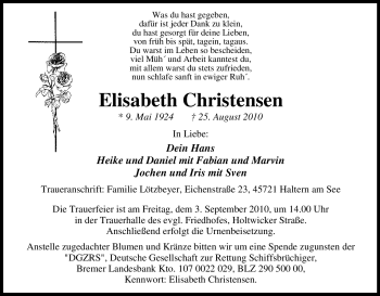 Traueranzeige von Elisabeth Christensen von Tageszeitung