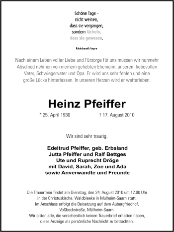 Traueranzeige von Heinz Pfeiffer von Tageszeitung