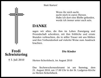 Traueranzeige von Fredi Schwietering von Tageszeitung
