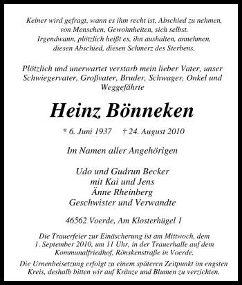 Traueranzeige von Heinz Bönneken von Tageszeitung