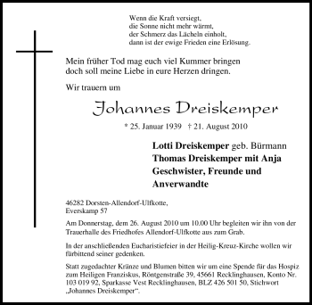 Traueranzeige von Johannes Dreiskemper von Tageszeitung