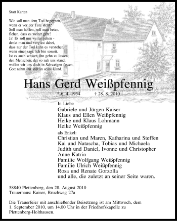 Traueranzeige von Hans Gerd Weißpfennig von Tageszeitung