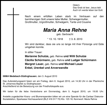 Traueranzeige von Maria Anna Rehne von Tageszeitung
