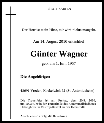 Traueranzeige von Günter Wagner von Tageszeitung