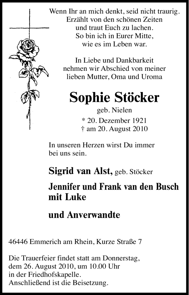 Traueranzeige für Sophie Stöcker vom 24.08.2010 aus Tageszeitung