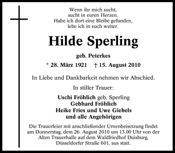 Traueranzeige von Hilde Sperling von Tageszeitung