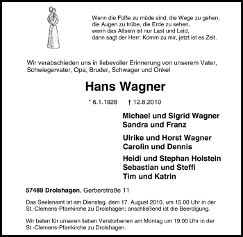 Traueranzeige von Hans Wagner von Tageszeitung