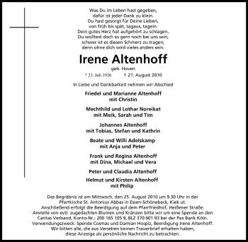 Traueranzeige von Irene Altenhoff von Tageszeitung