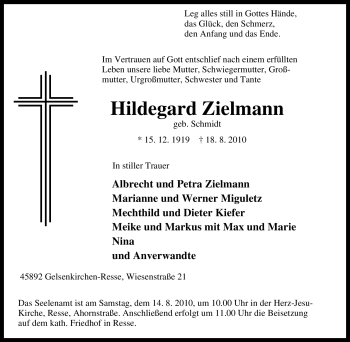 Traueranzeige von Hildegard Zielmann von Tageszeitung