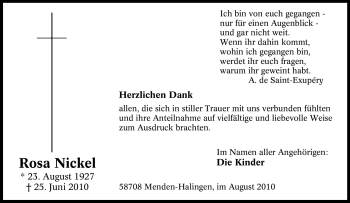 Traueranzeige von Rosa Nickel von Tageszeitung