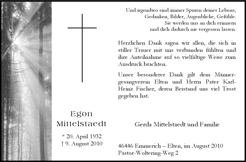 Traueranzeige für Egon Mittelstaedt vom 28.08.2010 aus Tageszeitung
