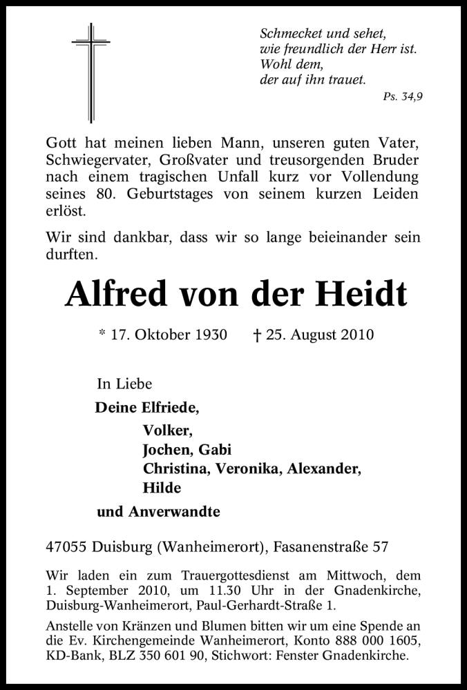  Traueranzeige für Alfred von der Heidt vom 28.08.2010 aus Tageszeitung