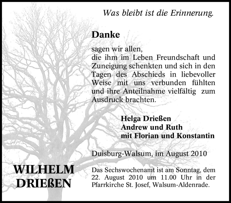  Traueranzeige für Wilhelm Drießen vom 18.08.2010 aus Tageszeitung