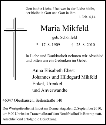 Traueranzeige von Maria Mikfeld von Tageszeitung
