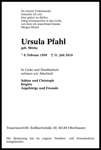 Traueranzeige von Ursula Pfahl von Tageszeitung