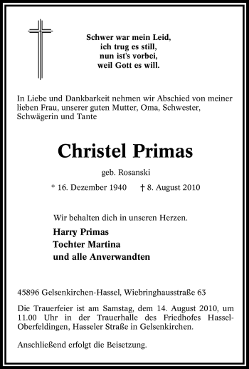 Traueranzeige von Christel Primas von Tageszeitung