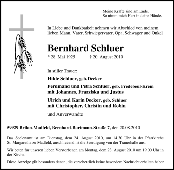 Traueranzeige von Bernhard Schluer von Tageszeitung