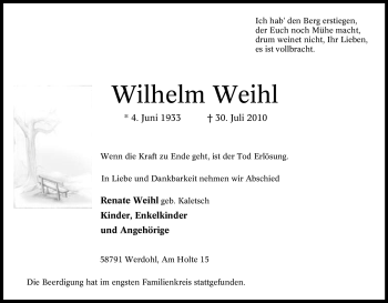 Traueranzeige von Wilhelm Weihl von Tageszeitung