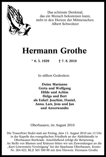 Traueranzeige von Hermann Grothe von Tageszeitung