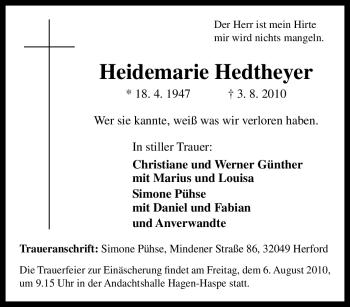 Traueranzeige von Heidemarie Hedtheyer von Tageszeitung