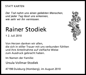 Traueranzeige von Rainer Stodiek von Tageszeitung