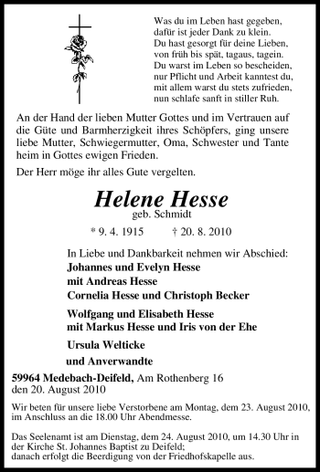 Traueranzeige von Helene Hesse von Tageszeitung
