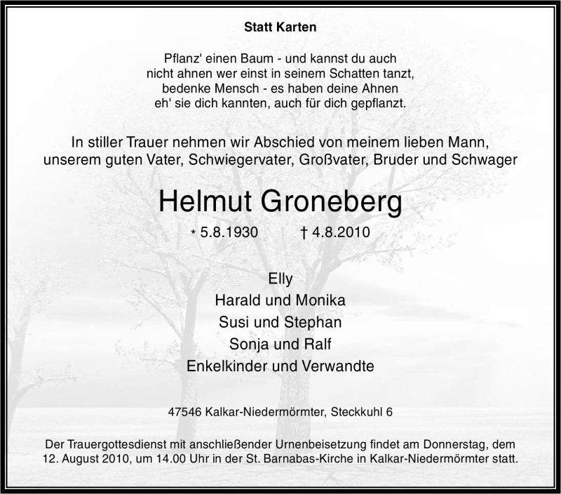  Traueranzeige für Helmut Groneberg vom 10.08.2010 aus Tageszeitung