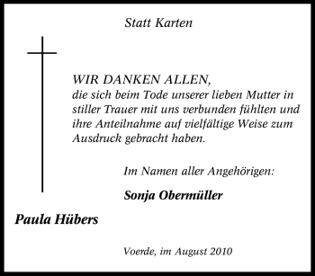 Traueranzeige von Paula Hübers von Tageszeitung